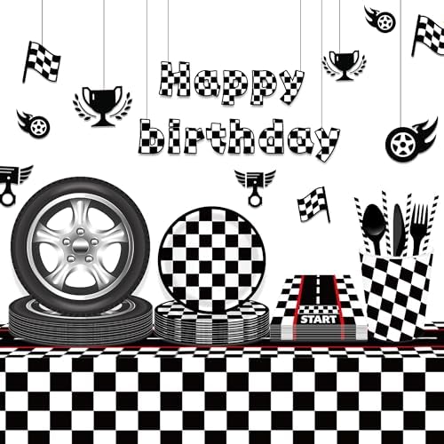 3 Pcs Racing Car Party Tablecloth with Black Checkered Pattern