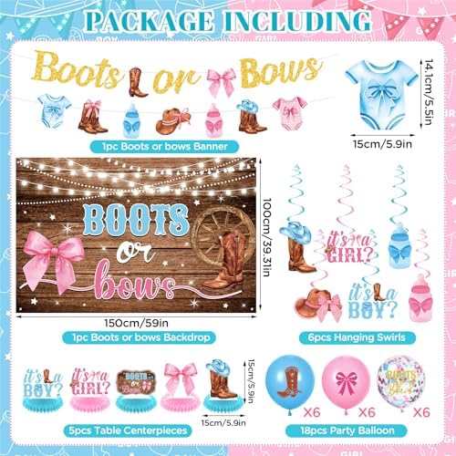 Boots Or Bows Gender Reveal Decor Kit 44 Pieces