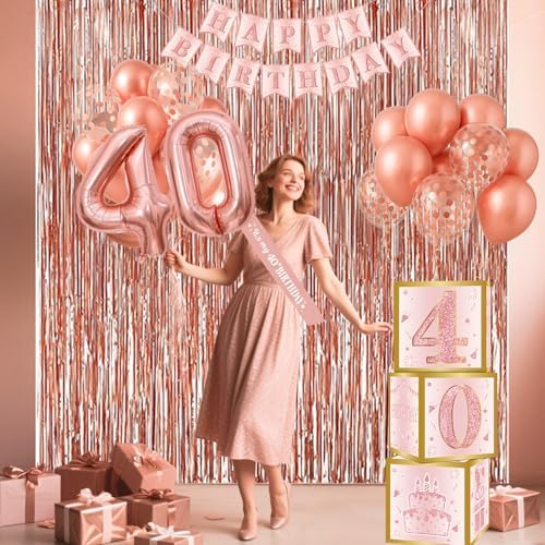 40th Birthday Decorations - Rose Gold Foil Balloons and Confetti