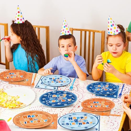 96Pcs Blue Dog 2nd Birthday Party Plates Napkins Decorations