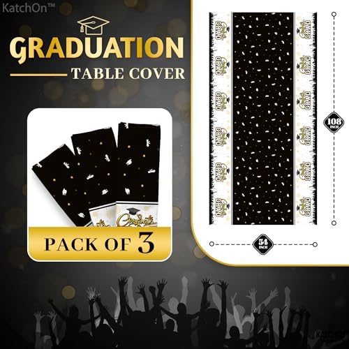 KatchOn Black and Gold Graduation Tablecloth 108x54 Inch Pack of 3
