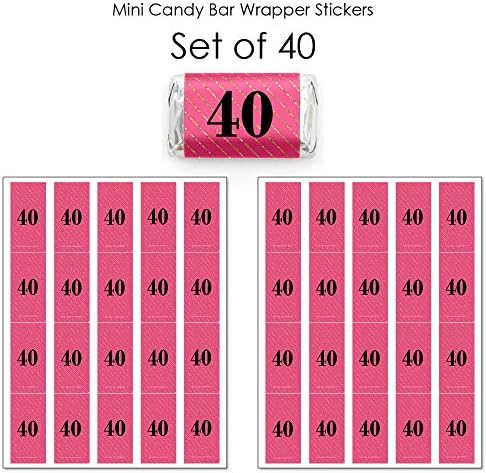 Chic 40th Birthday Pink Black Gold Mini Candy Bar Wrappers 40 Count