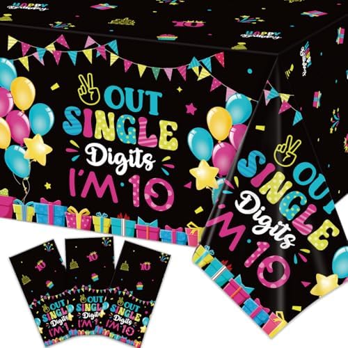 10th Birthday Tablecloths 3Pcs Plastic Large 54x108 Inch