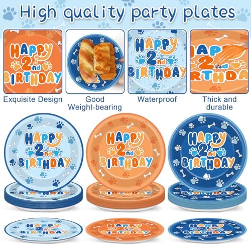 96Pcs Blue Dog 2nd Birthday Party Plates Napkins Decorations