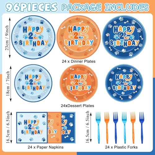 96Pcs Blue Dog 2nd Birthday Party Plates Napkins Decorations