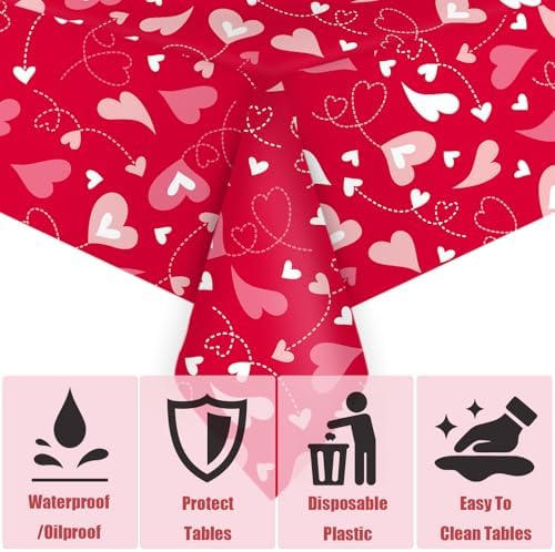VARACL 3 Pack Valentine Day Tablecloth 108x54 Red Heart Vinyl