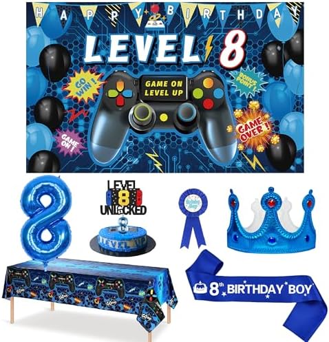 Blue Gamer 8th Birthday Decor Set for Boys