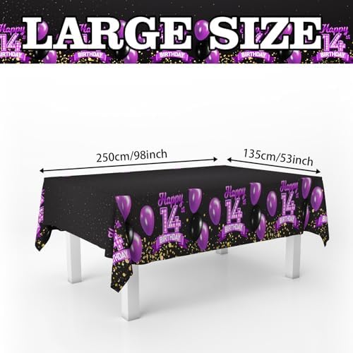 14th Birthday Tablecloth Purple Black Rectangle Glitter Decor