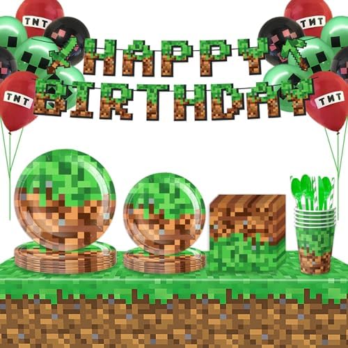 Pixel Miner Themed Party Tableware Set for 20 Guests