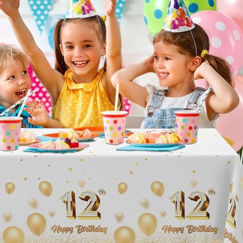 12th Birthday Tablecloth White Gold Rectangle Party Decor