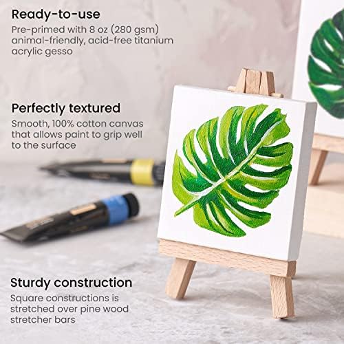 ARTEZA 14-Pack Mini Stretched Canvases for Painting 3x3 Inches with Easels