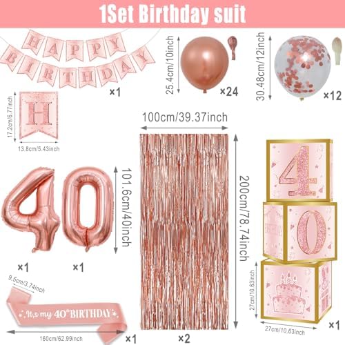 40th Birthday Decorations - Rose Gold Foil Balloons and Confetti