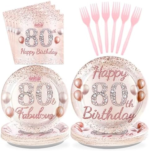Grencian 96 Pcs 80th Birthday Tableware Set Rose Gold