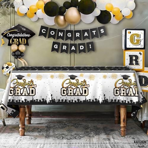 KatchOn Black and Gold Graduation Tablecloth 108x54 Inch Pack of 3