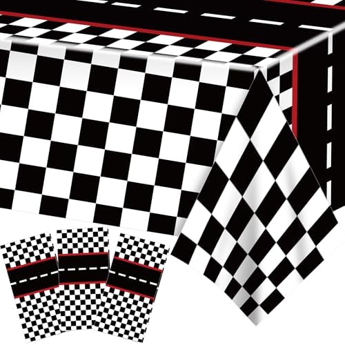 3 Pcs Racing Car Party Tablecloth with Black Checkered Pattern