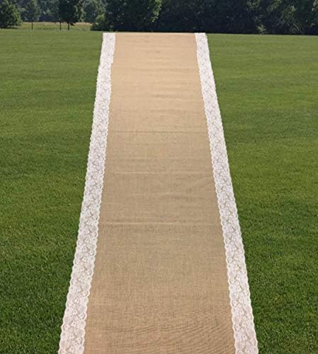 AAYU 75 ft Burlap Wedding Aisle Runner with Ivory Lace