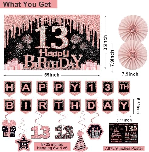 13th Birthday Decorations for Girls 32PCS Party Kit