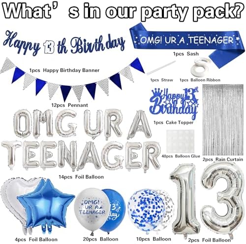 13th Birthday Decorations for Boys Blue Silver Set