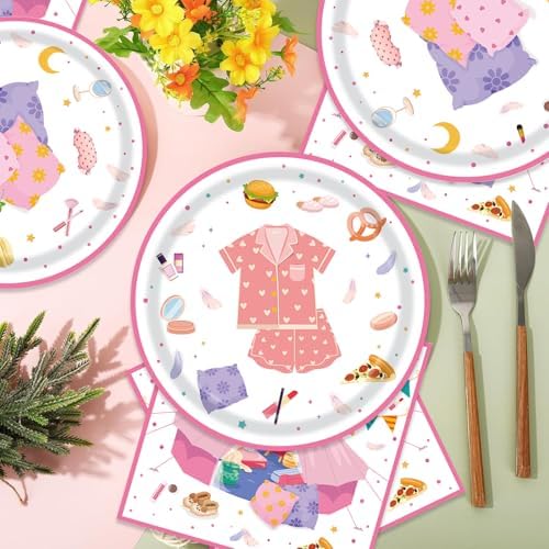 48Pcs Sleepover Party Tableware for 24 Guests