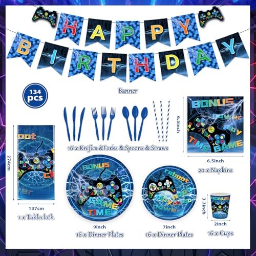 Video Game Birthday Decorations Set 134pcs Gamer Party Supplies