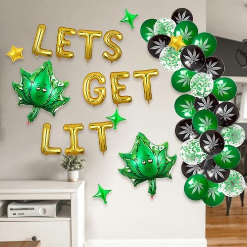 Weed Party Balloons with Gold Banner and Confetti