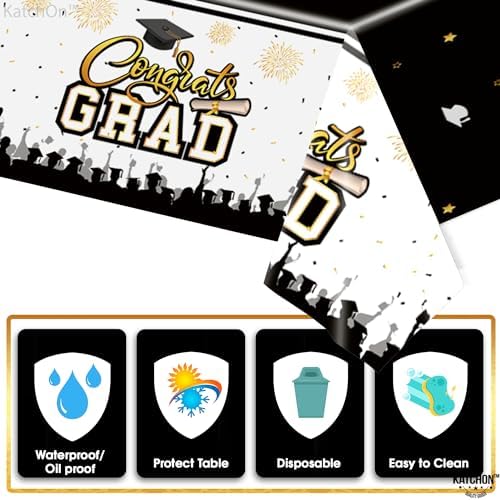 KatchOn Black and Gold Graduation Tablecloth 108x54 Inch Pack of 3