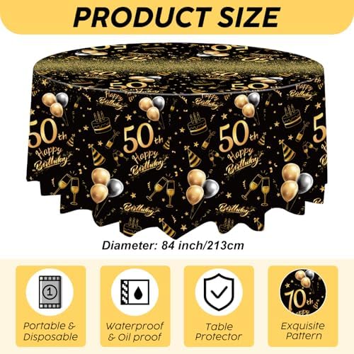 Oudain 3 Pack Round Birthday Tablecloths Black Gold Party Decor