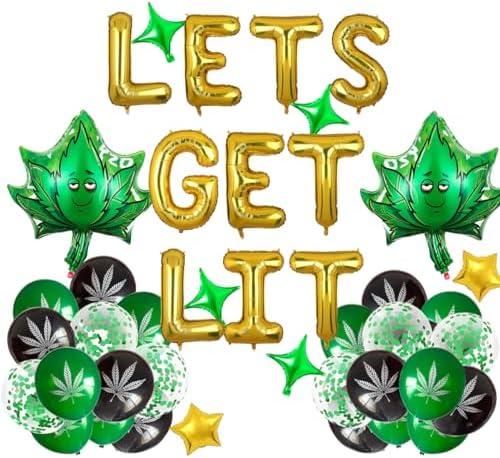 Weed Party Balloons with Gold Banner and Confetti