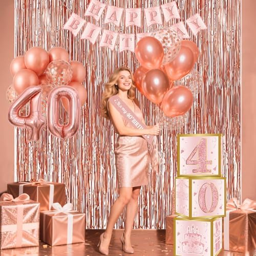 40th Birthday Decorations - Rose Gold Foil Balloons and Confetti