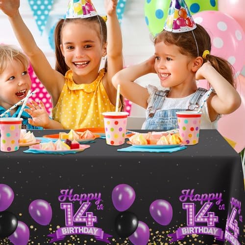 14th Birthday Tablecloth Purple Black Rectangle Glitter Decor