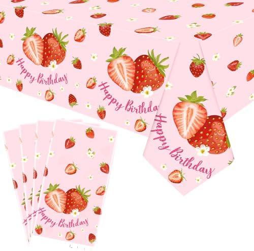 KEFAN 4 Piece Strawberry Tablecloths for Birthday Party Decor