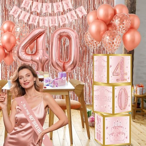 40th Birthday Decorations - Rose Gold Foil Balloons and Confetti