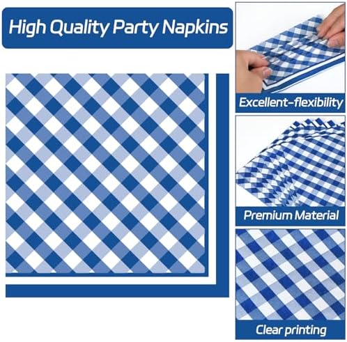 QOUBAI Gingham Oval Plates 11inch Blue White Checkered Set for 25 Guests