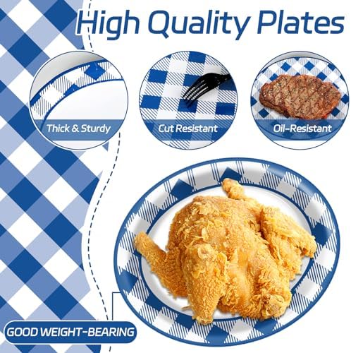 QOUBAI Gingham Oval Plates 11inch Blue White Checkered Set for 25 Guests