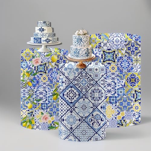 Mediterranean Tile Spandex Cylinder Cover Set Blue Yellow White