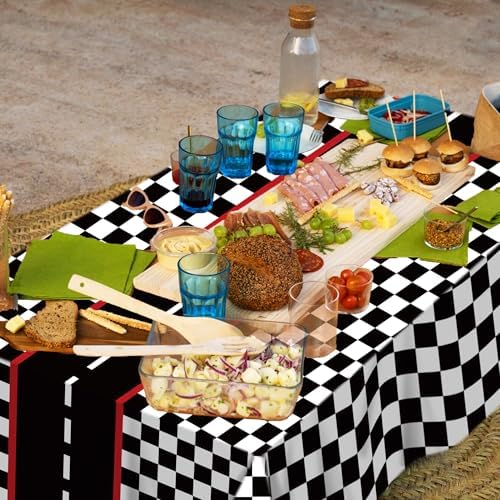 3 Pcs Racing Car Party Tablecloth with Black Checkered Pattern