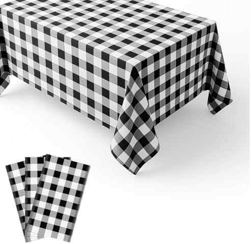 3 Pack Black and White Gingham Tablecloths 54x108 Inches Waterproof Disposable