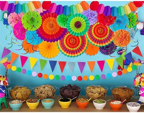 53 Piece Mexican Themed Hanging Paper Fan Decor Set