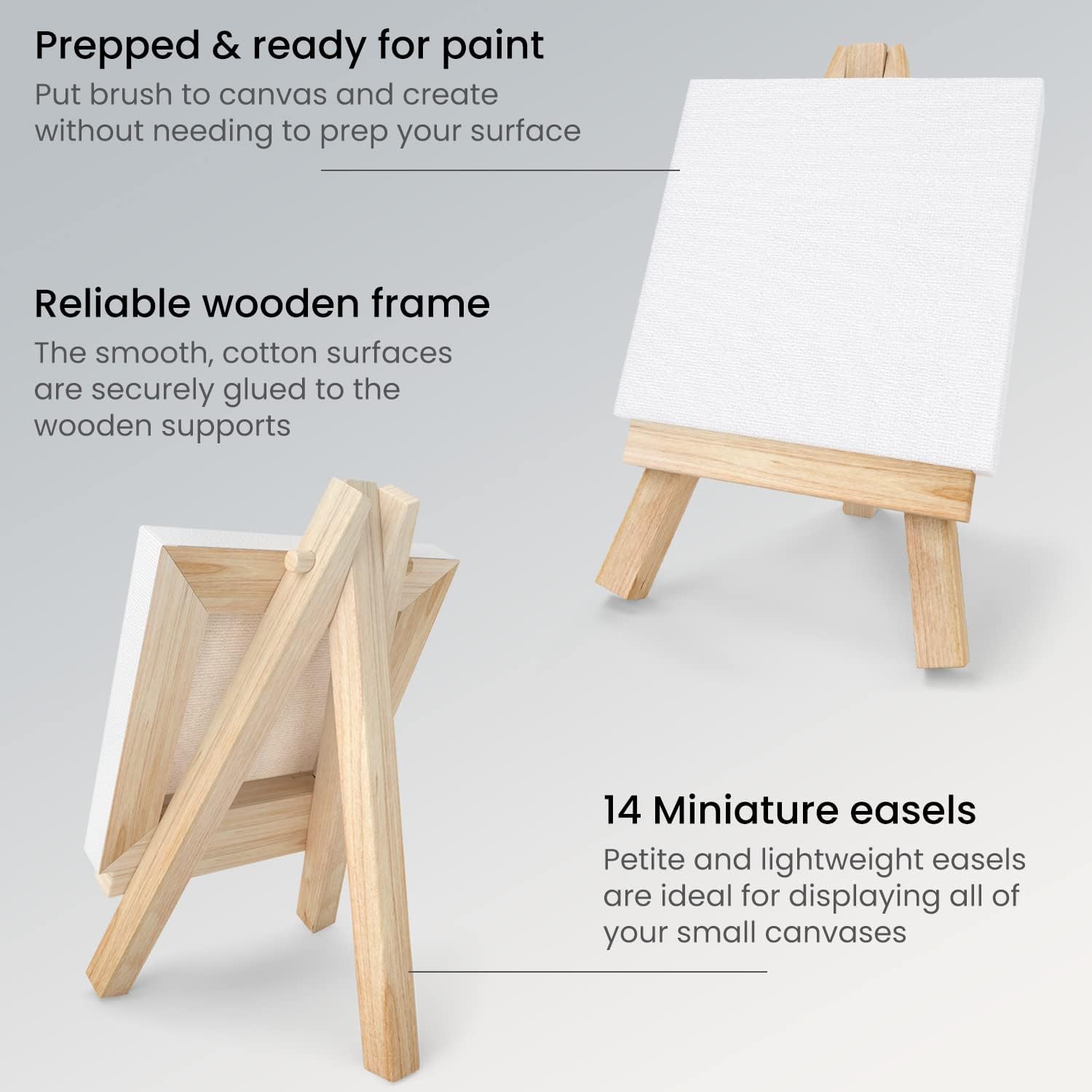 ARTEZA 14-Pack Mini Stretched Canvases for Painting 3x3 Inches with Easels