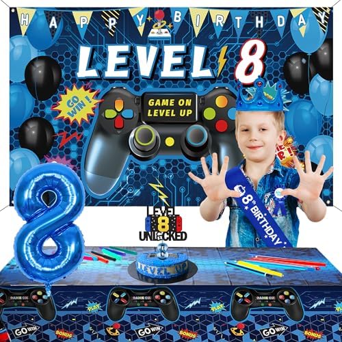 Blue Gamer 8th Birthday Decor Set for Boys