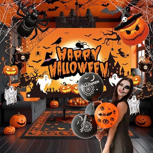 Halloween Party Decorations Set with Backdrop Balloons and Banner