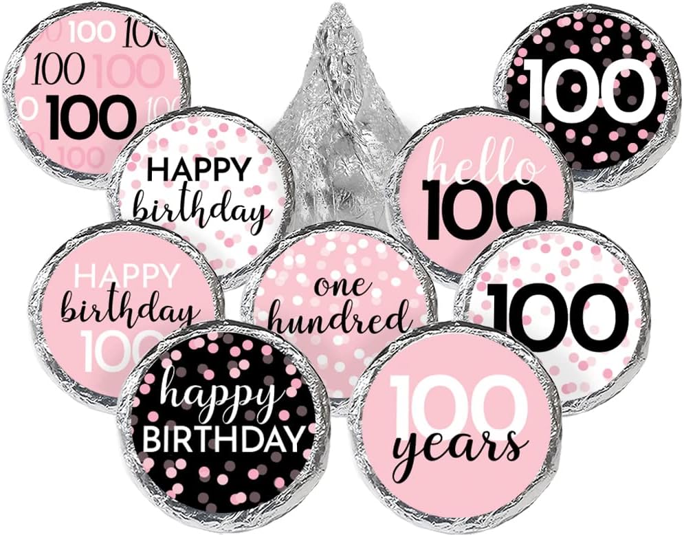 Pink Black White 100th Birthday Candy Stickers 180 Count