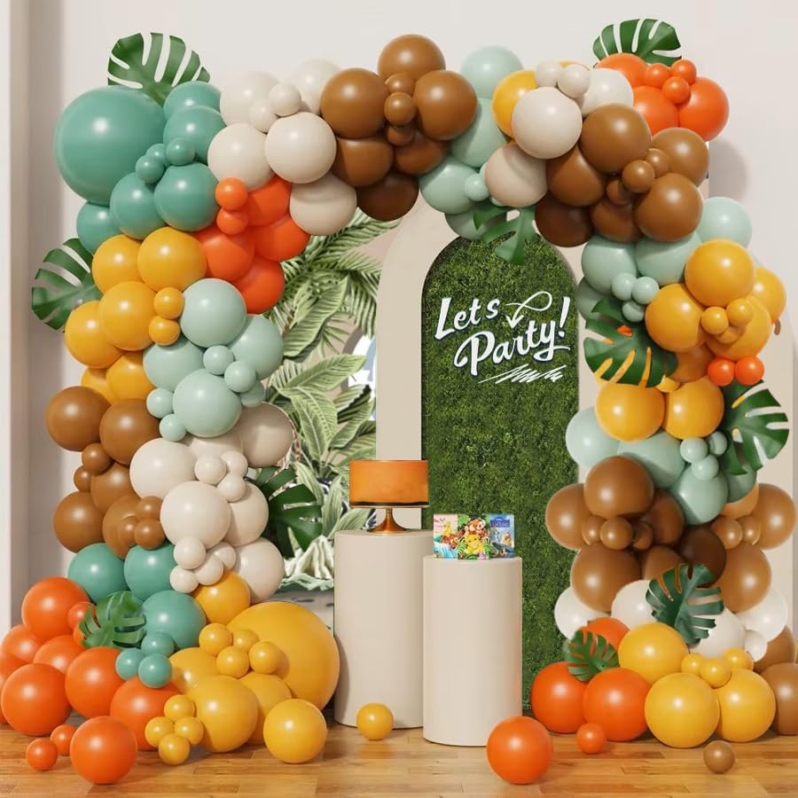 136pcs Jungle Balloon Arch Set Yellow Green Latex Balloons With Leaves