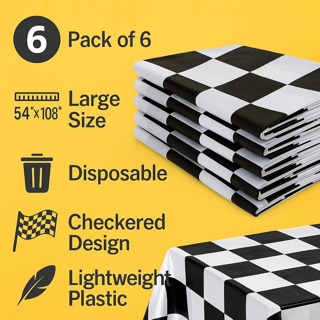 Oojami Pack of 6 Black White Checkered Table Cover