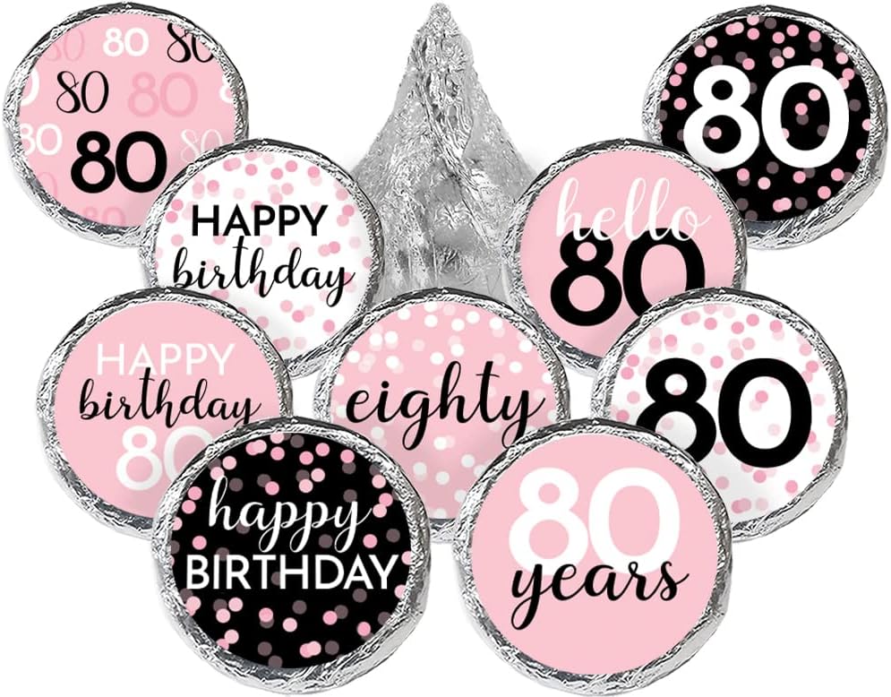 Pink 80th Birthday Party Favor Stickers 180 Count