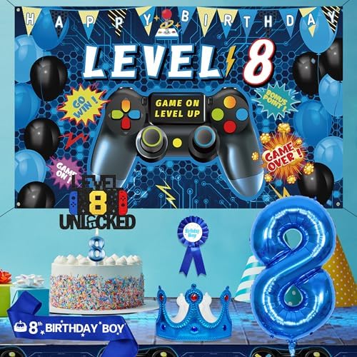 Blue Gamer 8th Birthday Decor Set for Boys