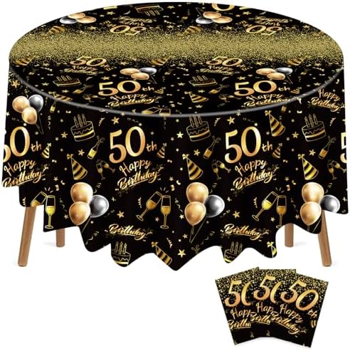 Oudain 3 Pack Round Birthday Tablecloths Black Gold Party Decor