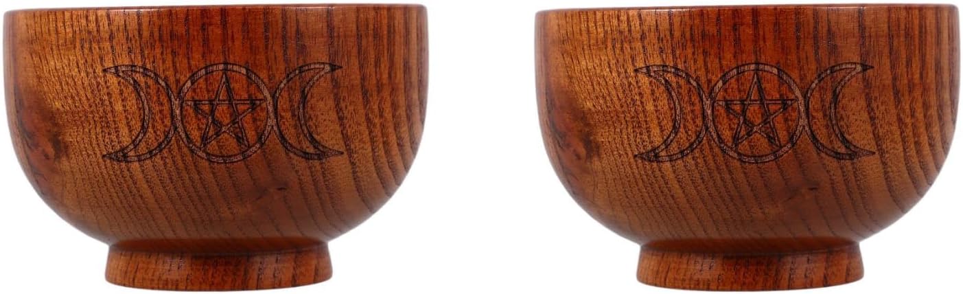 LOGOFUN 2PCS Wooden Ritual Bowls with Moon and Pentacle Design