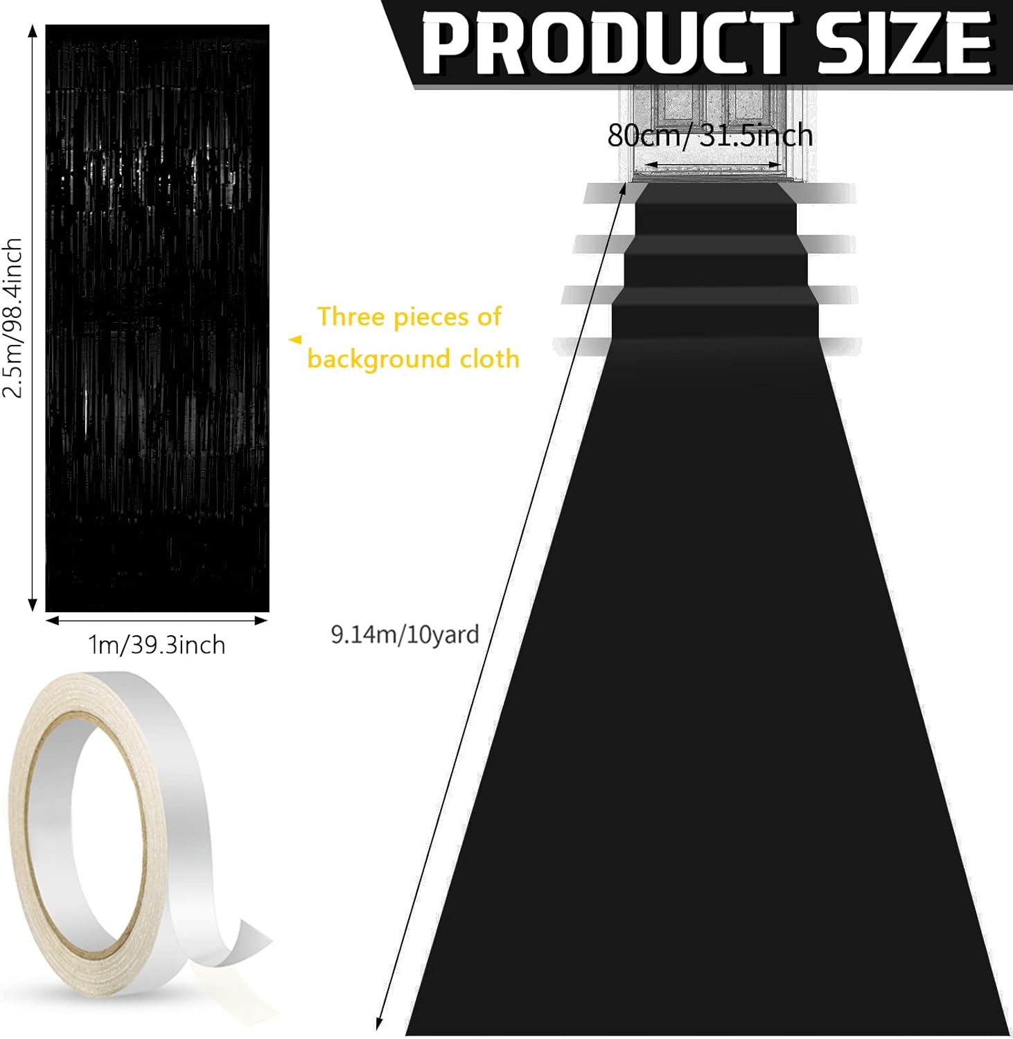 Tegeme Black Carpet Runner Aisle 26x30ft with Tape and Curtains