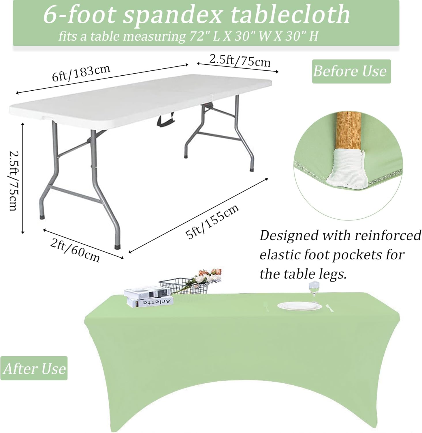 4 Pack 6FT Spandex Table Cover for Folding Tables Sage Green